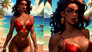 4K 100% AI Generated 3D Soft Looping PMV: Dark-Skinned Thick Ass Gentle Twerk on Tropical Beach in Sexy Bikinis