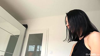 Skinny brunette Linda jerks off a hard dude CFNM