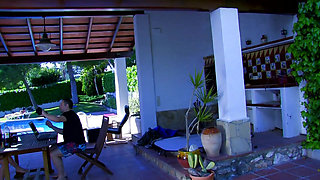 Beautiful tattooed brunette girl sucks his partner's cock with passion