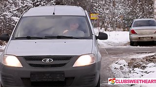 Slutty Brunette Sumiko got fucked by a delivery guy wearing leg warmers