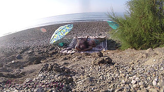 Exhibitionist Wife Outdoor Amateur MILF Blowjob & Handjob Big Cock on Nudity Beach in Front of Follower with Cum