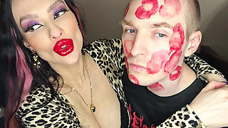 Juicy Sticky Loud Aggressive Kisses All Over a Guy's Face with Red Lipstick