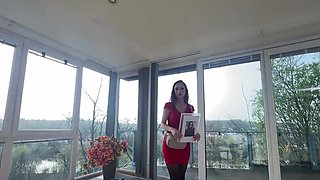 Cute MILF with big nipples looks sexy in her black tights