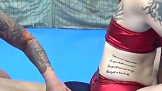 Two Tattooed Chicks Tickling Their Slave in the Gym