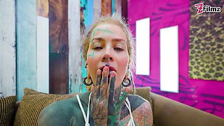 Inked Goddess in Heels & White Lace Rubs Her Pussy Like She Owns It