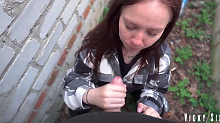 Real Fast Risky Blowjob Behind the Garages. Cummed Mouth Full and Made Her Swallow