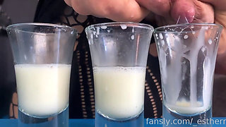 Filling Three Glasses with Fresh Breast Milk From My Full Breasts