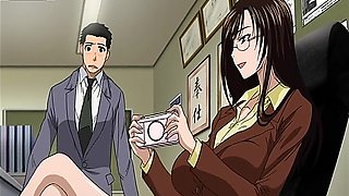 Brunette MILF with big tits and glasses in an office