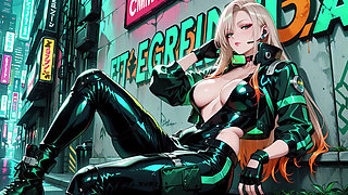 Neon Rain Night! Blonde Agent in Wet Leather Crouching Low, Holographic Glow & Cold Glances.