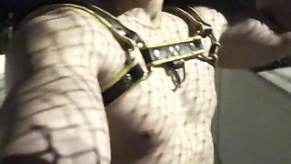 Midnight Muscle Tease: Asian Hunk Flexes Ass & Biceps in Yellow Harness on Highway Bridge