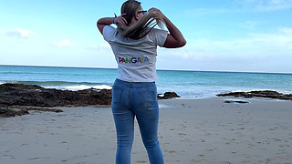 Peeing in Tight Jeans on the Beach