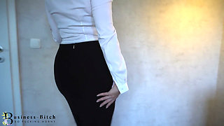Business slut strip and dildo wall ride