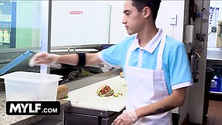 Mylf - big titted blondie milf Nina Elle whips her massive hooters out and makes teen stud cover them in jizz