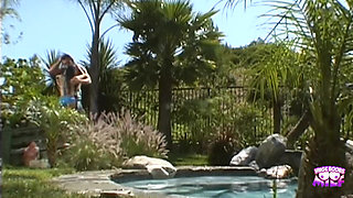 Magnetic Brunette Hottie with Enormous Fake Knockers Fucks Her Lover Outdoors and Eats His Cum