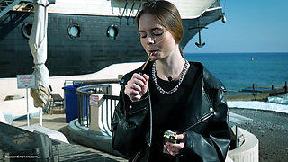 Young Russian Woman Smoking Cigarette Outdoor Terrace