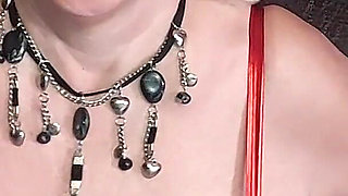 Busty Granny in Red Latex Teases Massive Tits Solo