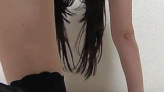 Inside Girls' Apartment Room, Japanese Girl in No Bra Sexy Mini Dress, Micro Thong Panties, and Black Fishnet Stockings