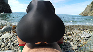 155 Caught on Beach: Sporty Girl in Crotchless Bodysuit Rides Stranger Hard