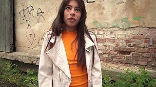 Skinny babe with a cute face is going to take his HUGE dick