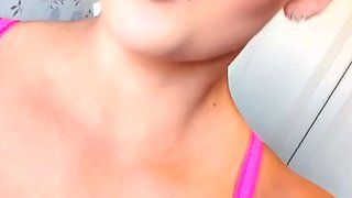 Hot babe with perfect big boobs taking shower