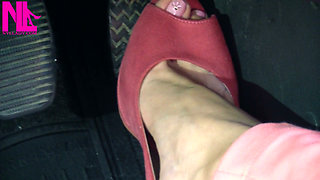 Barefoot Driving and Revving in Vivid Pink High Heeled Sandals