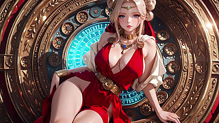 Blonde Goddess in Red! Forbidden Gaze in the Ancient Corridor, Deep V & High Slit teasing you.