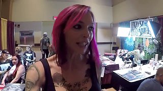 Public, big boobs, pink hair
