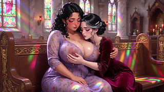 Two Curvy Brunette Women Secretly Milk Each Other In Church During Private Moment (AI generated)