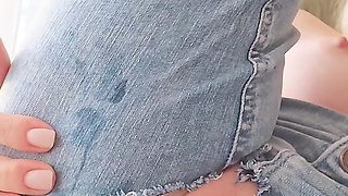 Blonde MILF in Ripped Jeans and Cap Rides Fuck Machine and Squirts Hard