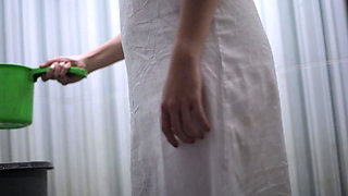 Beautiful Indonesian Girl Plump Ass in the Bathroom While Taking a Shower Again Wearing a Satin Dress