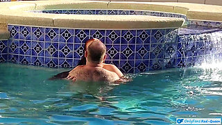 Hot Long Haired Ginger MILF Taking a Dip and Fucking in Outdoor Pool