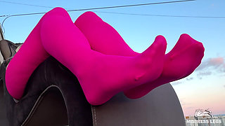 Pink Nylon Tease on the Rooftop at Sunset - Feet and Big Ass