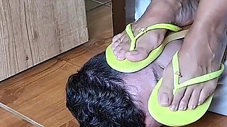 Mistress Kiffa - Face Footstool Slave Cleans Dirty Flip Flops and Cums on Flip Flops and Has to Lick It