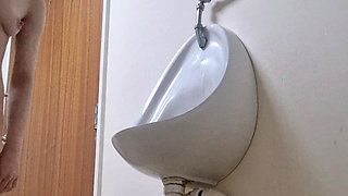 Girl with Nice Ass Strips and Pisses Mens Bathroom Risky Pee