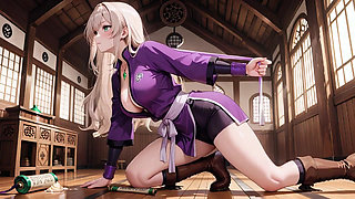 Purple Kimono Warrior! Forbidden Teasing in the Japanese Dojo. Kneeling with a sword, lifting her hem to reveal secrets.