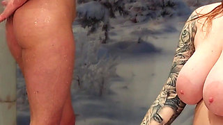 Luxury Shower Duo: Elegant Blonde & Tattooed Friend - Glass Dildo Worship & Double Golden Stream Finale