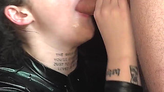 Tattooed Babe Deepthroating a Group of Hard Dicks