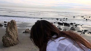 Lustful brunette bikini beach babe spied on and rammed