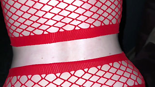 Massive Boobs Pregnant Girl in Red Mesh Rides Cock Then Doggy Fuck
