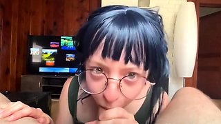 blowjob Naughty Petite Teen in Glasses Sucks her Neighbors B