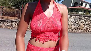 Wild public show with Hottpussy118 flashing her tits and pussy while peeing in Croatia