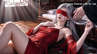 A Chinese classical beauty with skin as white as snow, dressed in red and with white hair. Blowjob, cum, episode-2, AI-generated