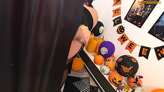 Purple-haired Witch Marta in Ripped Black Pantyhose Gets Fucked on Halloween and Cum on Her Pantyhose Ass