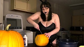 Busty curly brunette with big boobs fucks on couch
