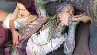 Double dose of cock for inked slut in swinger foursome