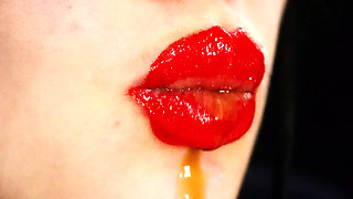 Red lips and a games with liquids and saliva! Milk and coffee! 4K -NO AUDIO-