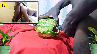 Teen Fucking watermelon while watching porn movie of Dicksex and Givensex fucking together till I got CUM, so wet and hot pussy!