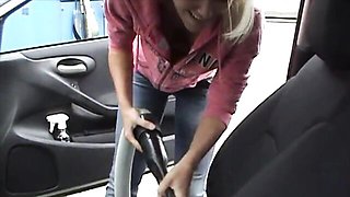 Beautiful blonde chick Sophie Moone is cleaning her car in a hot way