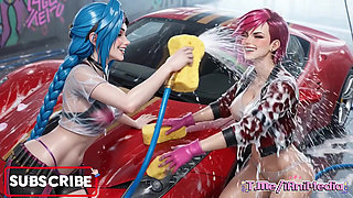 Jinx and Vi Washing the Red Ferrari Wet and Soapy