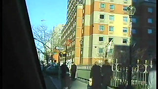 Commuter redhead carpools with creep who debases her in car in city traffic